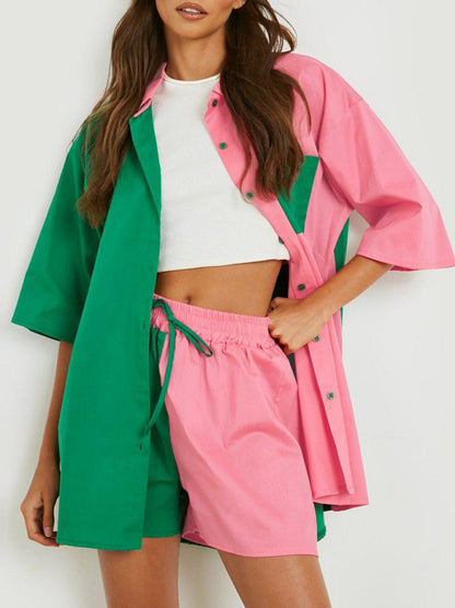 Colorblock Shirt Top + Elastic Waist Shorts Two-piece Set