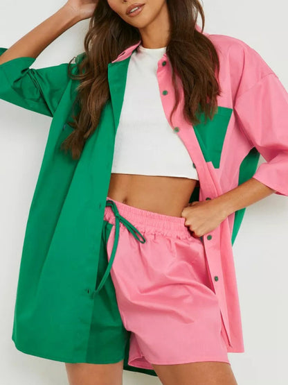 Colorblock Shirt Top + Elastic Waist Shorts Two-piece Set