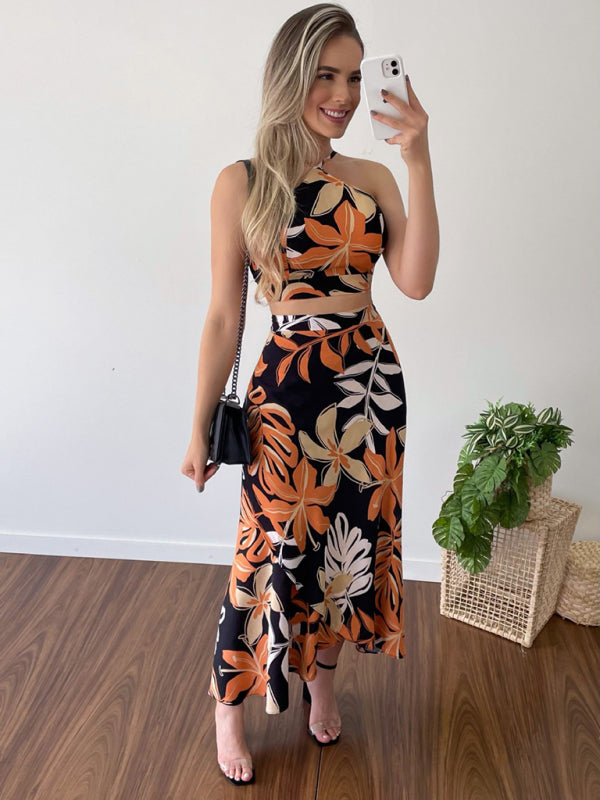 Halter Tank Top + High Waist Skirt Two-Piece Set