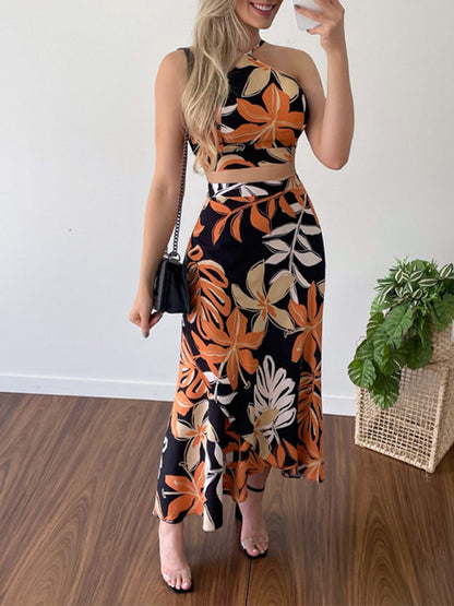 Halter Tank Top + High Waist Skirt Two-Piece Set