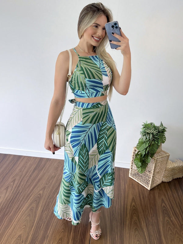 Halter Tank Top + High Waist Skirt Two-Piece Set