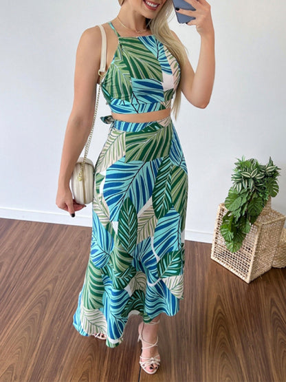 Halter Tank Top + High Waist Skirt Two-Piece Set