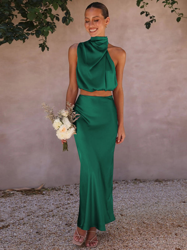 Elegant Drape High Neck Top + Long Skirt Two-Piece Set