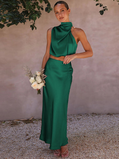 Elegant Drape High Neck Top + Long Skirt Two-Piece Set