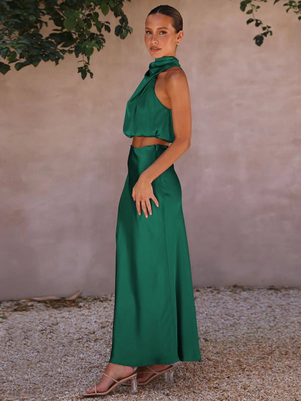 Elegant Drape High Neck Top + Long Skirt Two-Piece Set