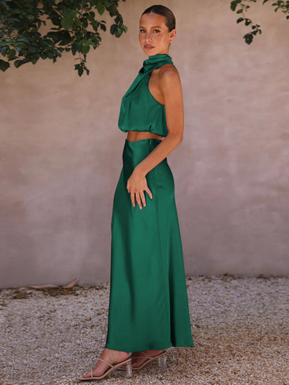 Elegant Drape High Neck Top + Long Skirt Two-Piece Set