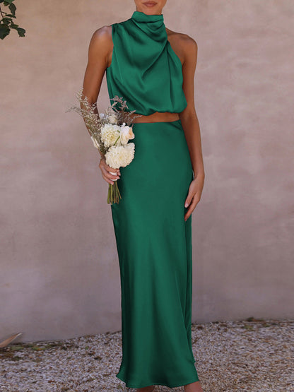 Elegant Drape High Neck Top + Long Skirt Two-Piece Set