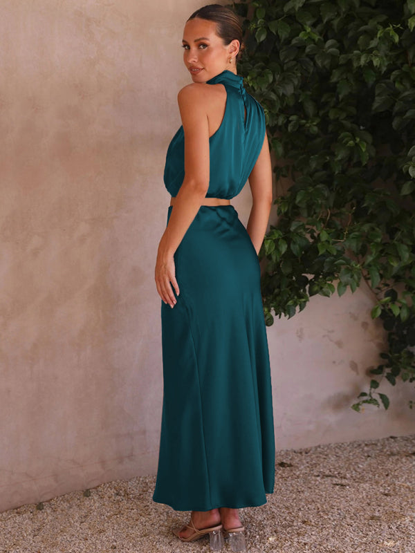 Elegant Drape High Neck Top + Long Skirt Two-Piece Set