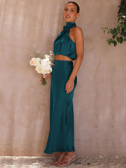 Elegant Drape High Neck Top + Long Skirt Two-Piece Set