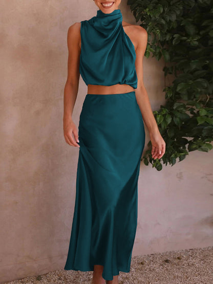 Elegant Drape High Neck Top + Long Skirt Two-Piece Set