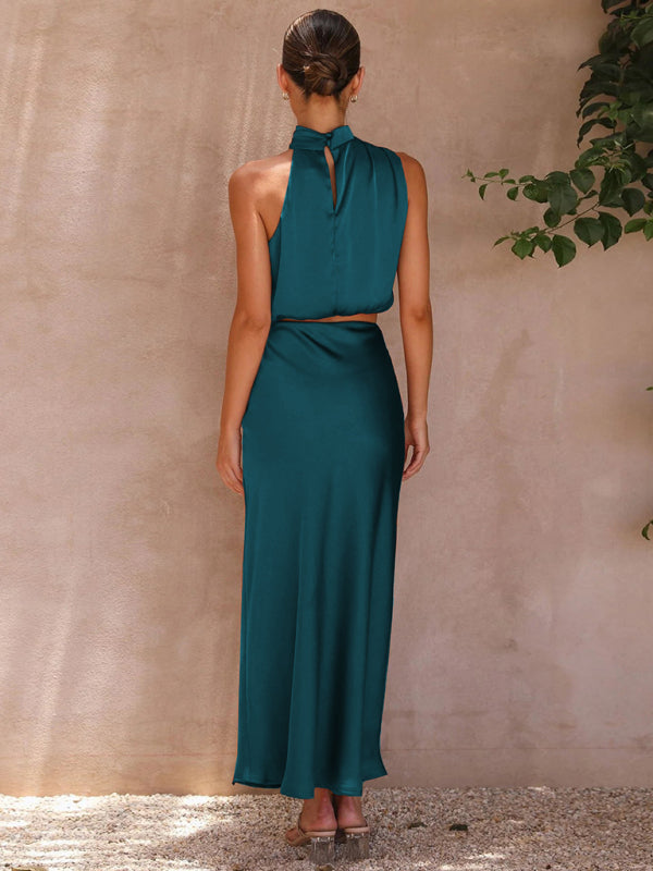 Elegant Drape High Neck Top + Long Skirt Two-Piece Set