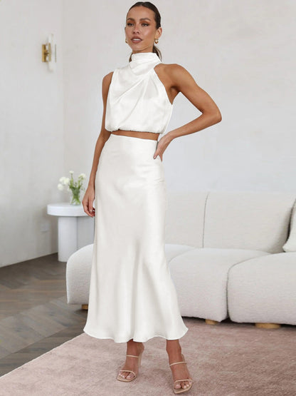 Elegant Drape High Neck Top + Long Skirt Two-Piece Set