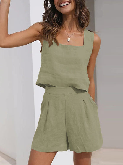 Solid Color Casual Cotton Linen Sleeveless Square Neck Top + Shorts Two-Piece Set