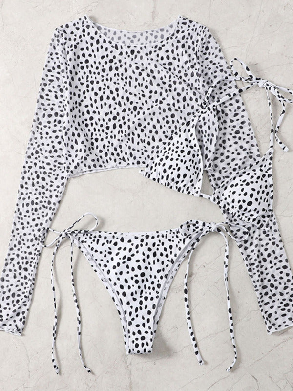 Long-sleeved mesh print three-piece swimsuit bikini