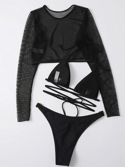 Solid long-sleeved mesh top three-piece swimsuit sexy bikini