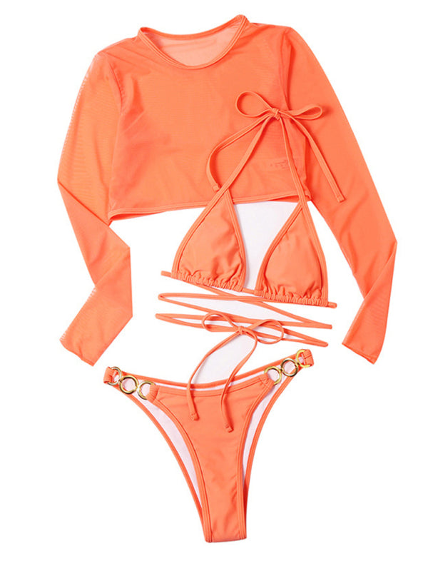 Solid long-sleeved mesh top three-piece swimsuit sexy bikini