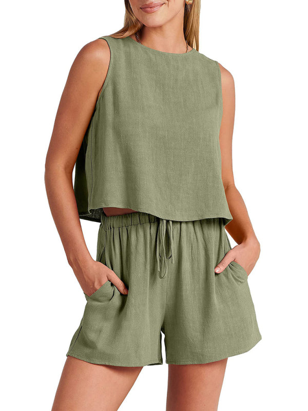 Cotton Linen Woven solid color sleeveless loose top shorts two-piece set