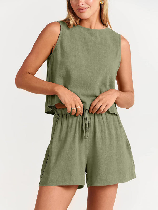 Cotton Linen Woven solid color sleeveless loose top shorts two-piece set