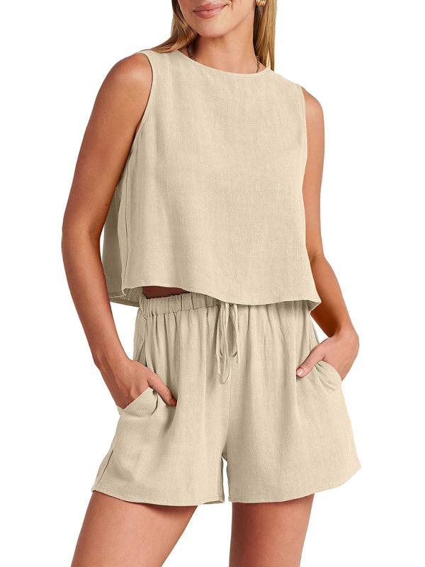 Cotton Linen Woven solid color sleeveless loose top shorts two-piece set