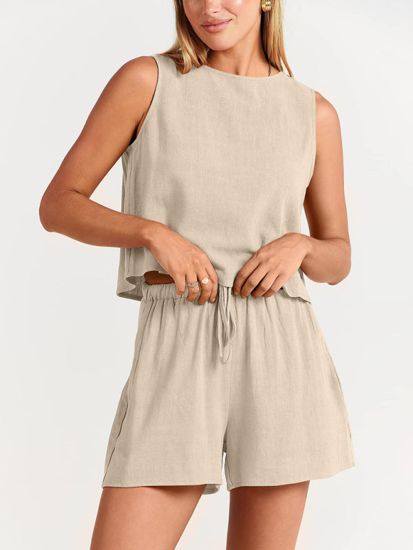 Cotton Linen Woven solid color sleeveless loose top shorts two-piece set