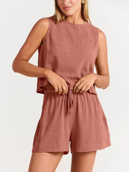 Cotton Linen Woven solid color sleeveless loose top shorts two-piece set