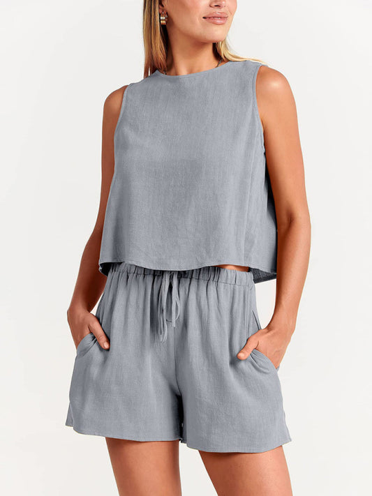 Cotton Linen Woven solid color sleeveless loose top shorts two-piece set