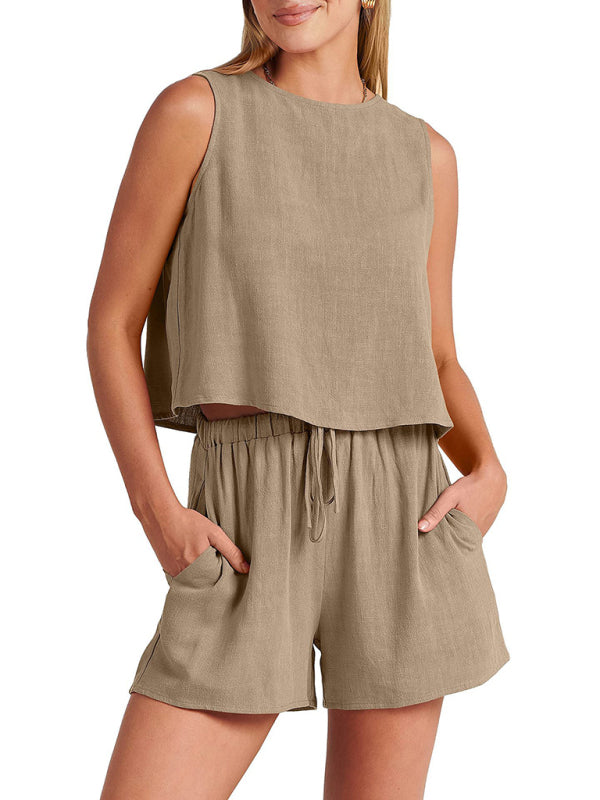 Cotton Linen Woven solid color sleeveless loose top shorts two-piece set