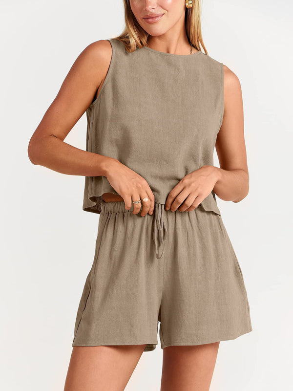 Cotton Linen Woven solid color sleeveless loose top shorts two-piece set