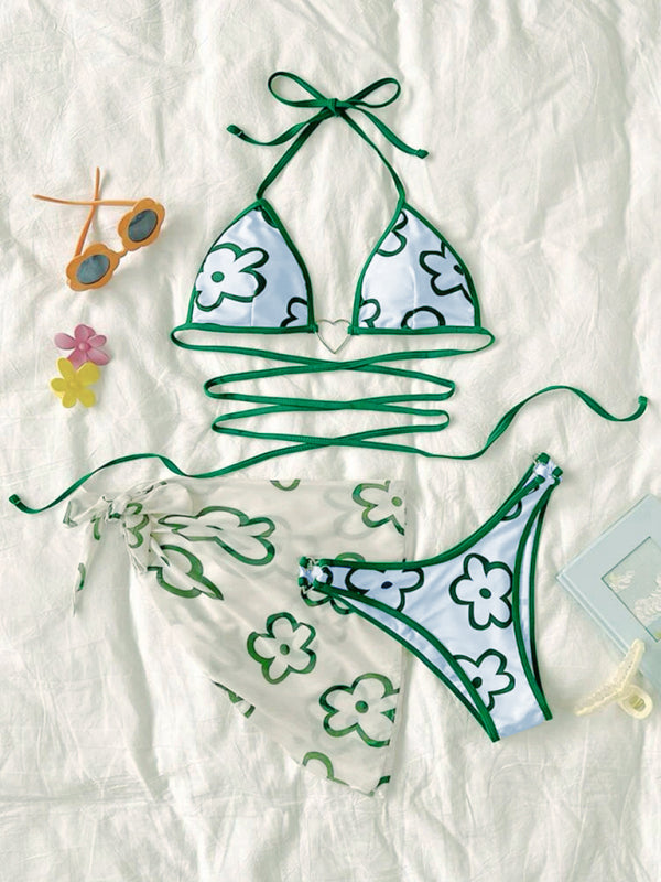 Flower Three-Piece Cute Floral Crossover Bikini & Beach Dress