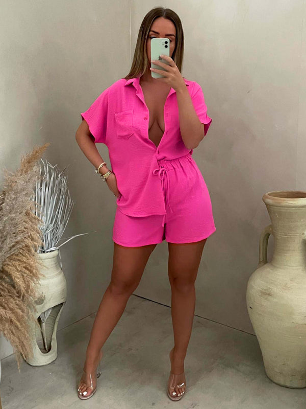 Casual Solid Color Single Breasted Sleeve Shirt Elastic Waist Shorts Two-Piece Set