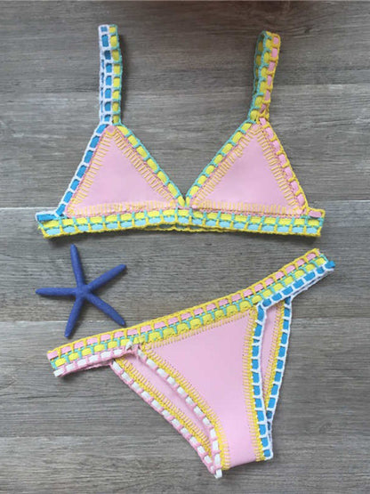 Conjunto de traje de baño con panel de punto de bikini tejido a mano