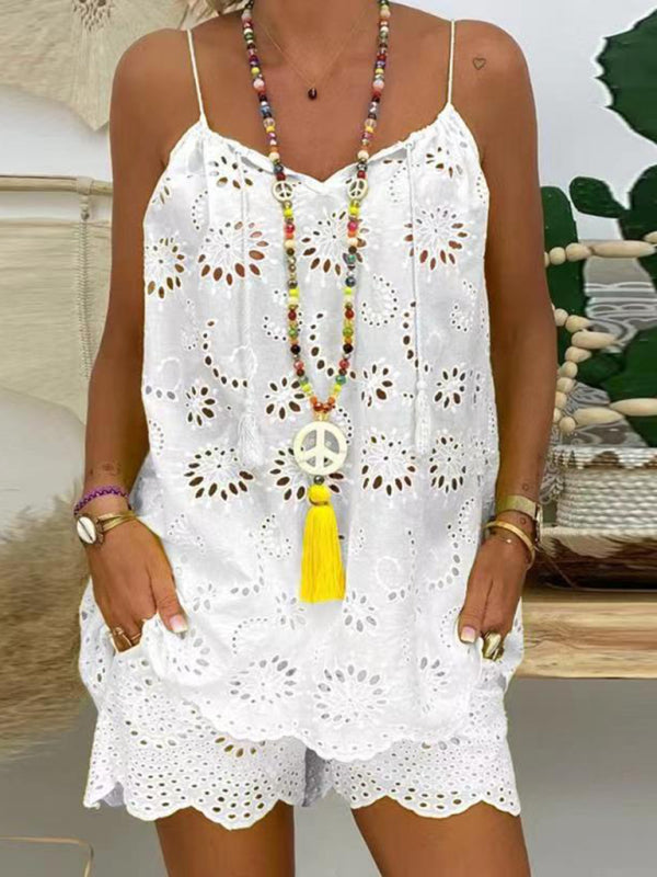 Sleeveless drawstring ruffled hollow camisole embroidered shorts set