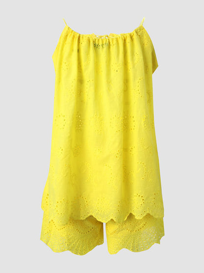 Sleeveless drawstring ruffled hollow camisole embroidered shorts set