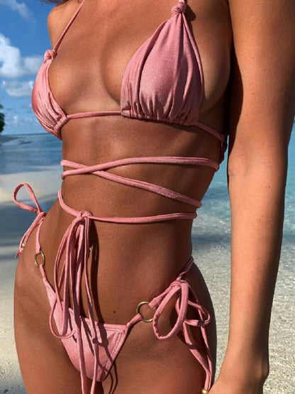 Traje de baño de bikini con tiras sexy de dos piezas con cordones sólidos 