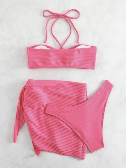 Solid textured three-piece sexy strappy bikini swimsuit