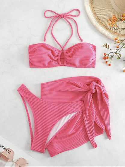 Solid textured three-piece sexy strappy bikini swimsuit