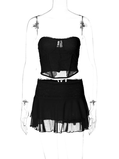 Lace Mesh Corset + Ruffle Skirt Set