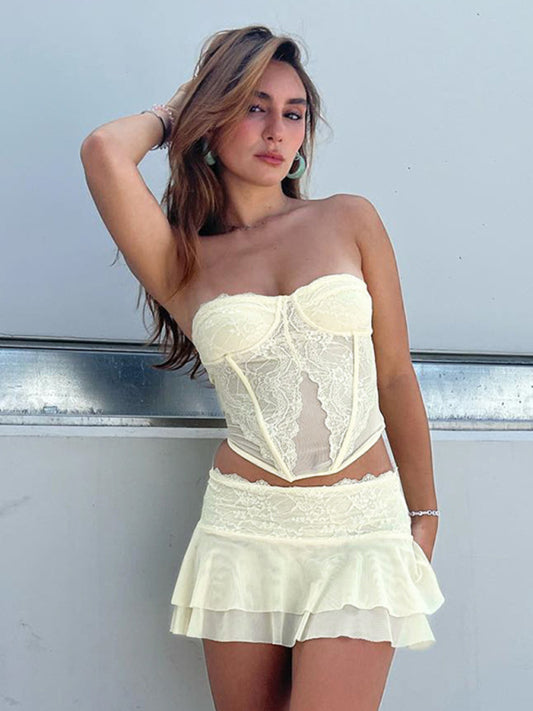 Lace Mesh Corset + Ruffle Skirt Set