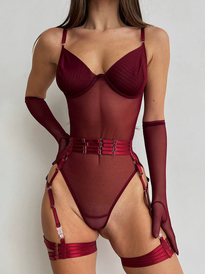 New sexy one-piece bodysuit with gloves and bandage see-through mesh teddy lingerie