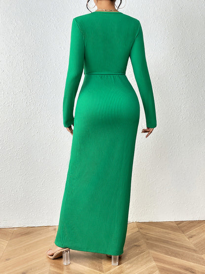 Round neck hollow waist long sleeve hip-covering slit midi dress