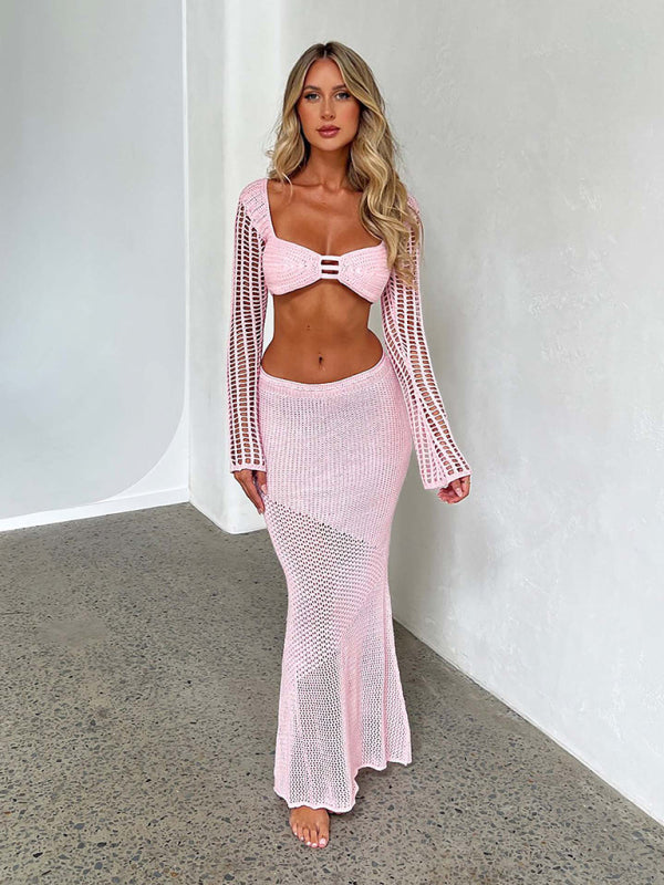 Tie long sleeve hip-hugging casual knitted crochet maxi skirt two-piece set