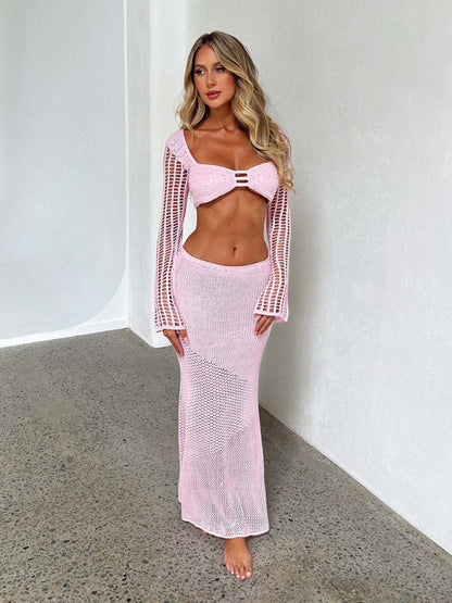 Tie long sleeve hip-hugging casual knitted crochet maxi skirt two-piece set