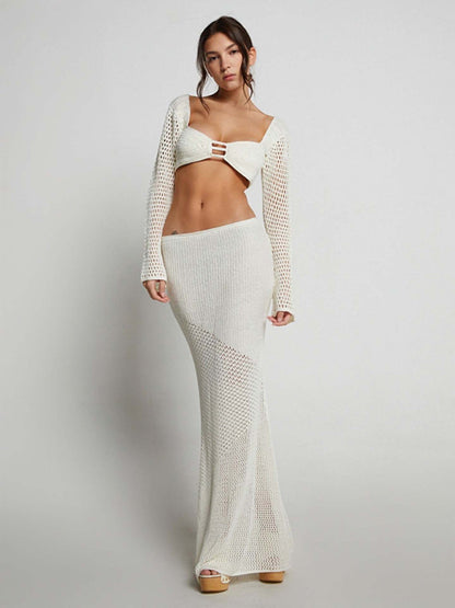 Tie long sleeve hip-hugging casual knitted crochet maxi skirt two-piece set