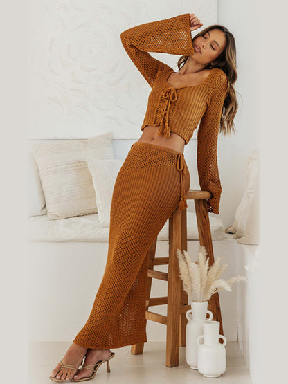 Tie long sleeve hip-hugging casual knitted crochet maxi skirt suit