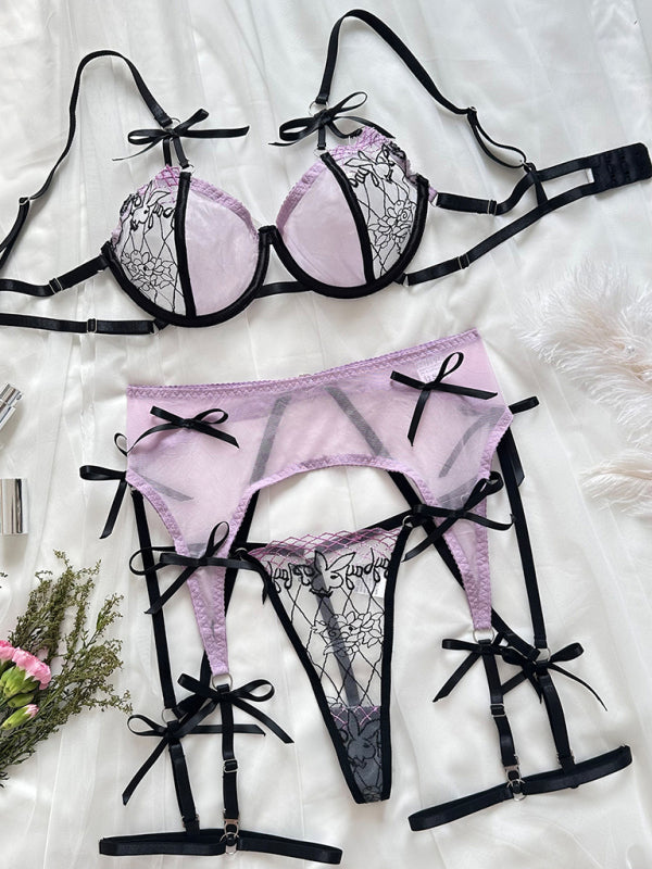 Fashionable embroidered see-through mesh bow sexy three piece lingerie set