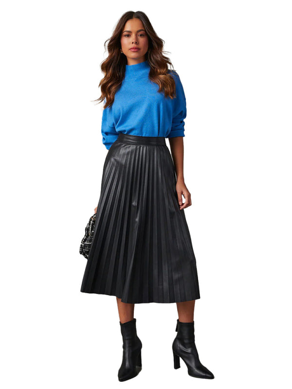 New elegant pleated PU leather skirt with waist A-line skirt and drapey large pleated skirt