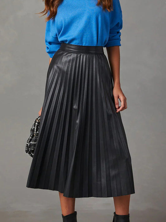 New elegant pleated PU leather skirt with waist A-line skirt and drapey large pleated skirt