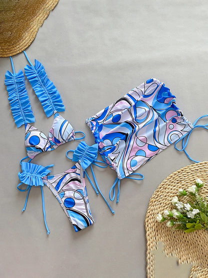 Ruffle three-piece bikini split swimsuit