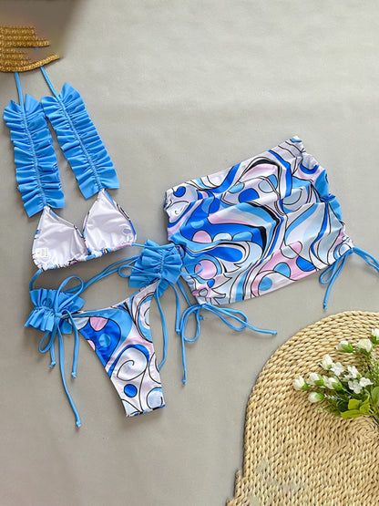 Ruffle three-piece bikini split swimsuit