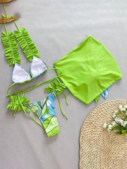 Ruffle three-piece bikini split swimsuit